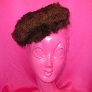 1950s vintage brown fur beret pillbox beret hat